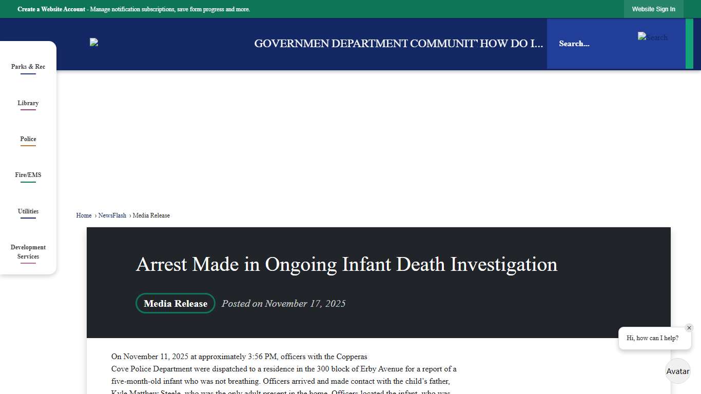 Arrest Made in Ongoing Infant Death Investigation • Copperas Cove, TX